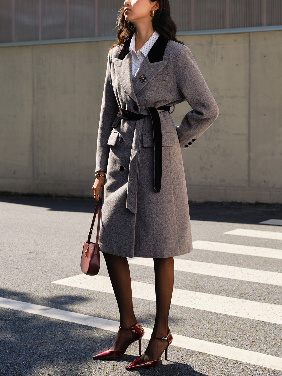 Contrast Collar Belted Tweed Coat