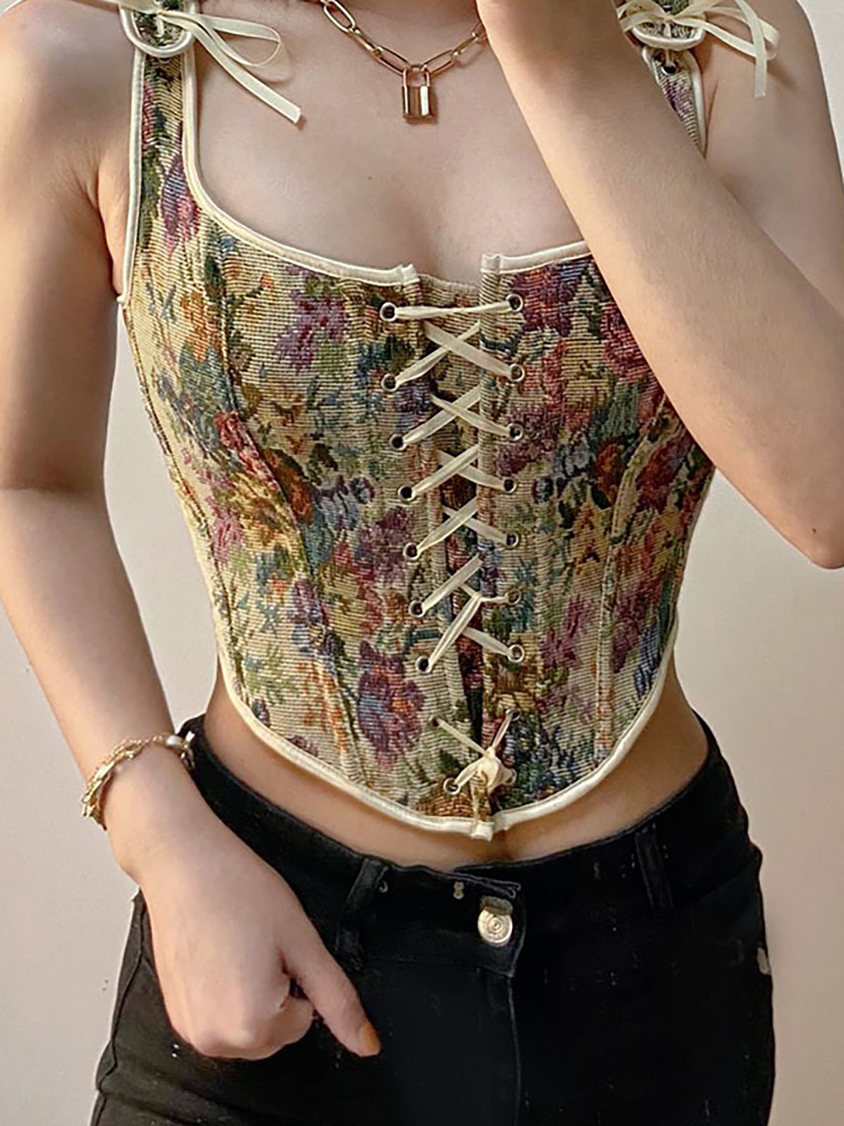 Floral Jacquard Drawstring Blouse