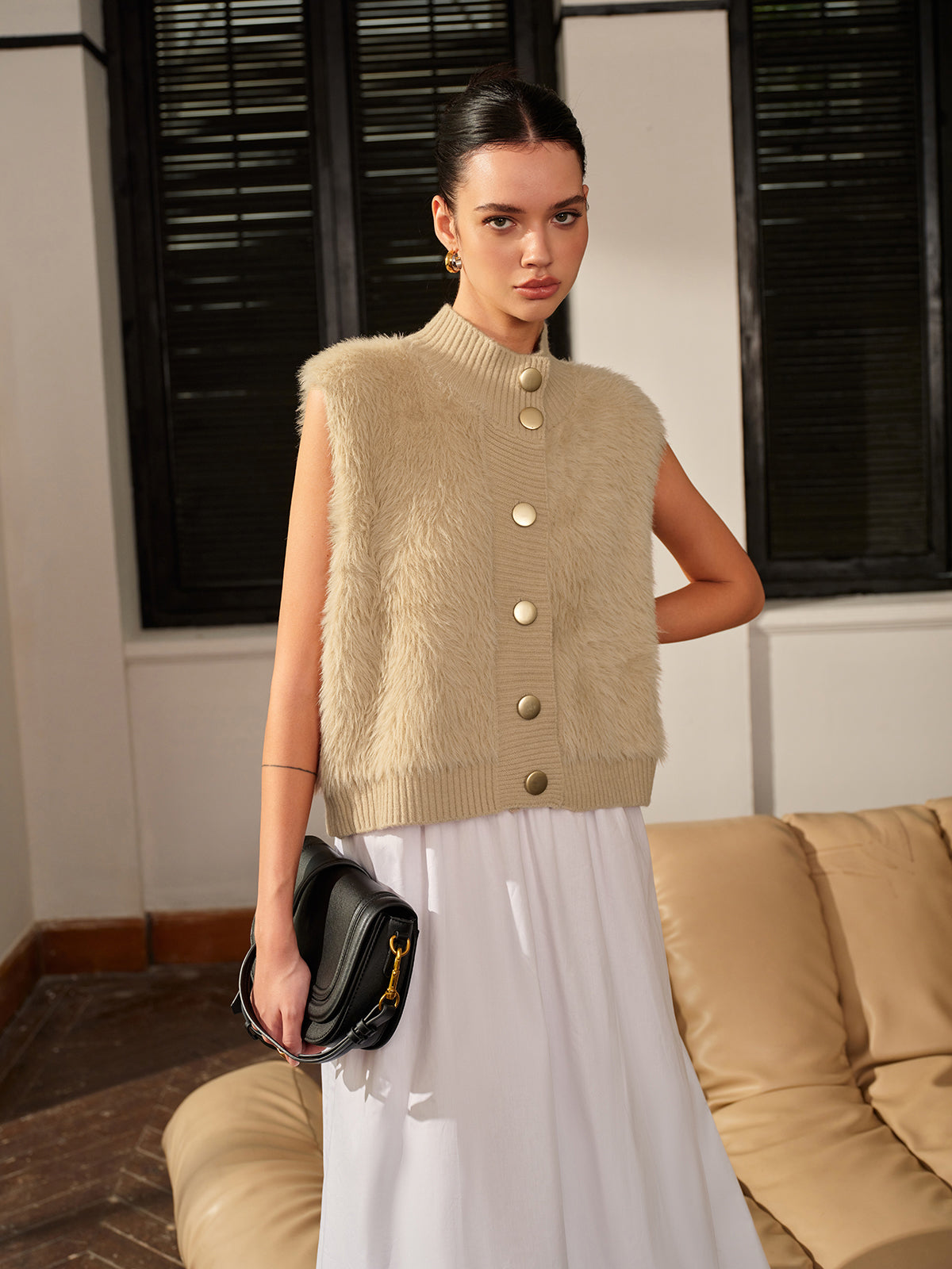 Mock Neck Button Fuzzy Vest